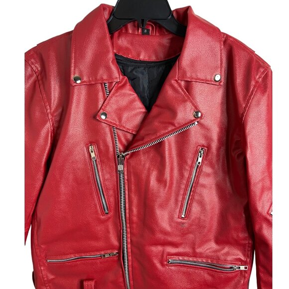 The Alley Chicago Red motorcycle Jacket Vegan Leather multi pocket small - Picture 9 of 10